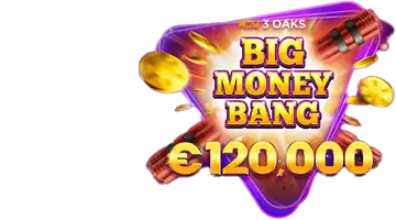 Big Money Bang promotion by 3 Oaks in Clubnika casino with a prize pool of €120,000, displayed on a purple background with gold coins and dynamite.